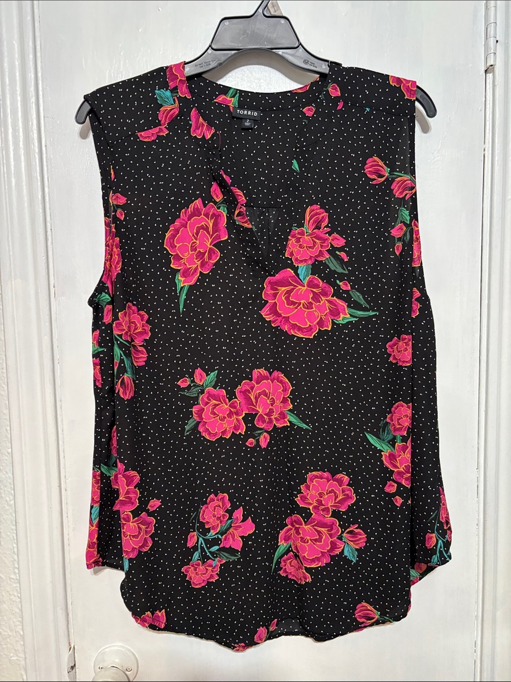 Torrid Black Sleeveless Floral Blouse with Pink/Red Blooms